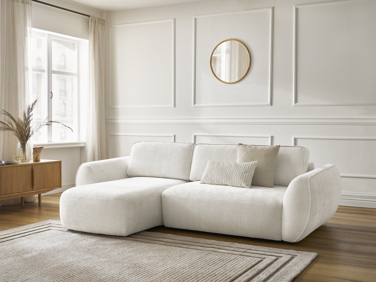 Bobochic Denise Ecksofa mit Schlaffunktion und Bettkasten 258 × 160 cm Strukturstoff Weiß Ecke links
