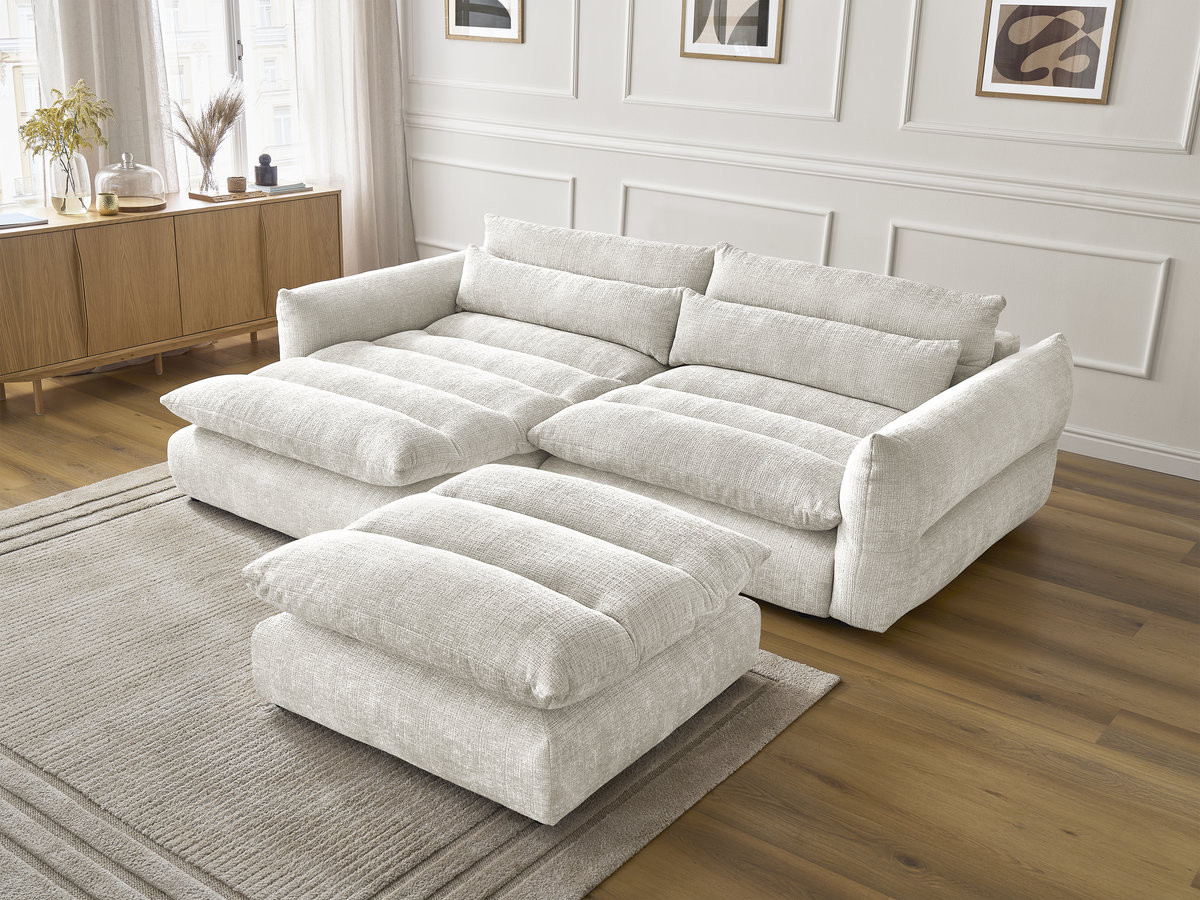 Bobochic Neil Ecksofa mit Pouf Strukturstoff Weiß Ecke links