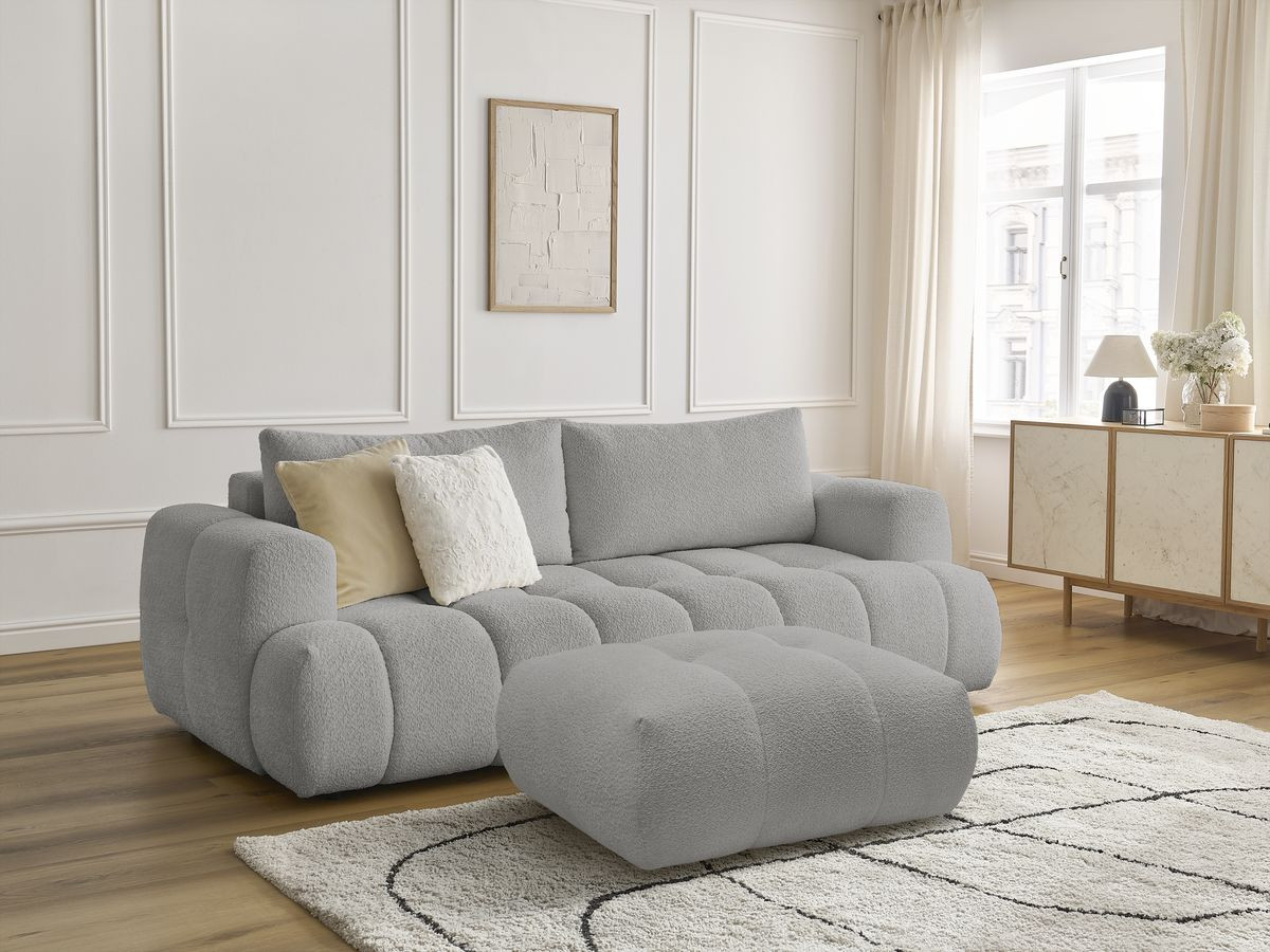 Bobochic Fuji Schlafsofa 3-Sitzer mit Bettkasten und Pouf Bouclé-Stoff Hellgrau