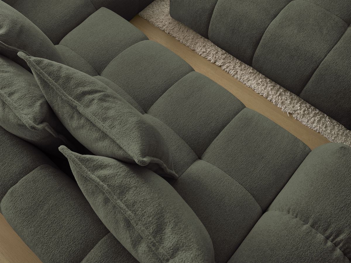Bobochic Everest Ecksofa mit Schlaffunktion und Bettkasten und Pouf 320 × 212 cm, 10 Kissen Melange-Stoff Grün Ecke rechts