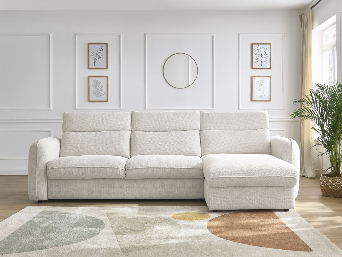 Bobochic Achille Ecksofa mit Schlaffunktion und Bettkasten Melange-Stoff Weiß, Liegefläche 140 × 200 cm