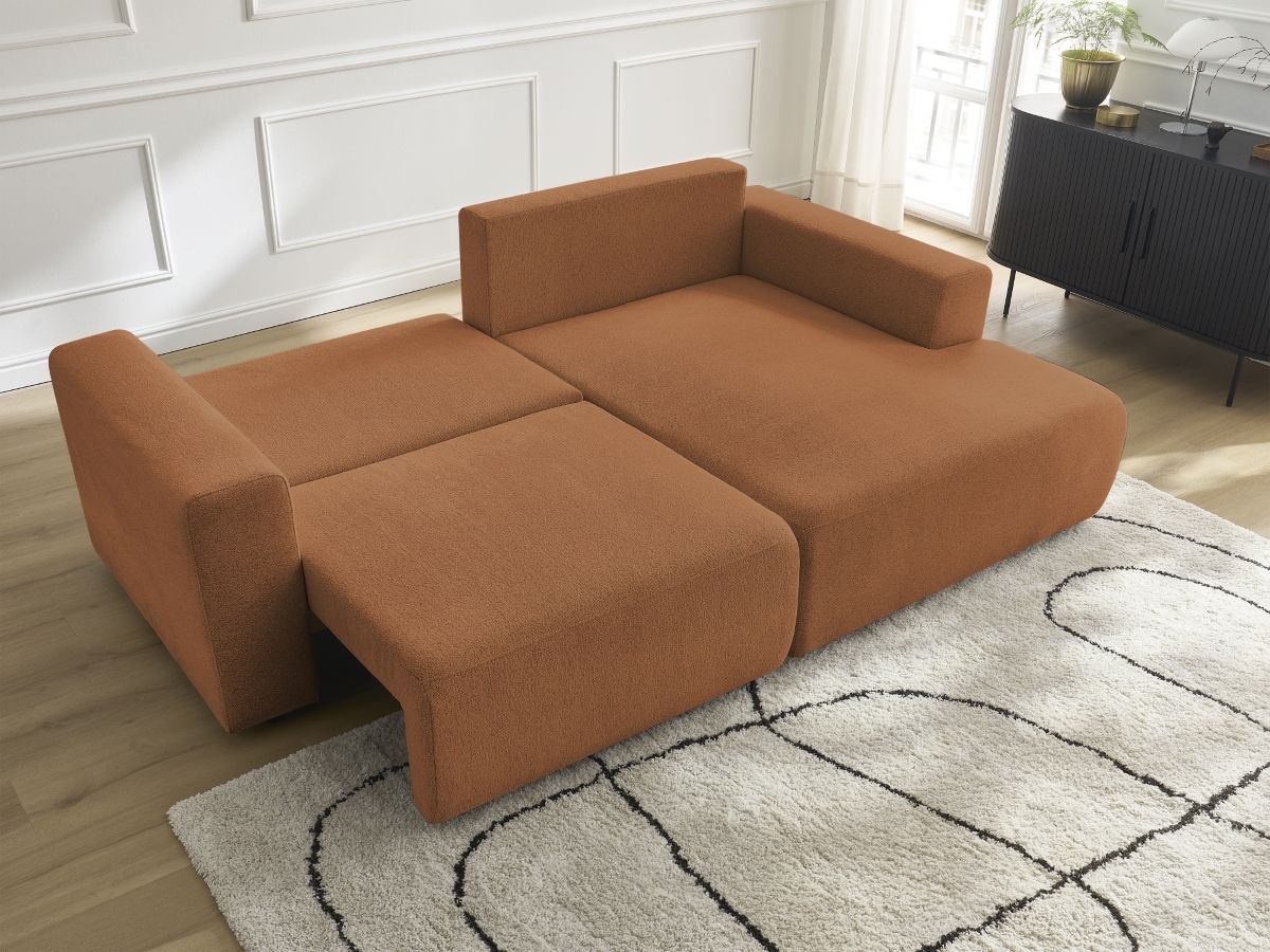 Bobochic Atilla Ecksofa mit Schlaffunktion und Bettkasten Melange-Stoff Orange Ecke rechts