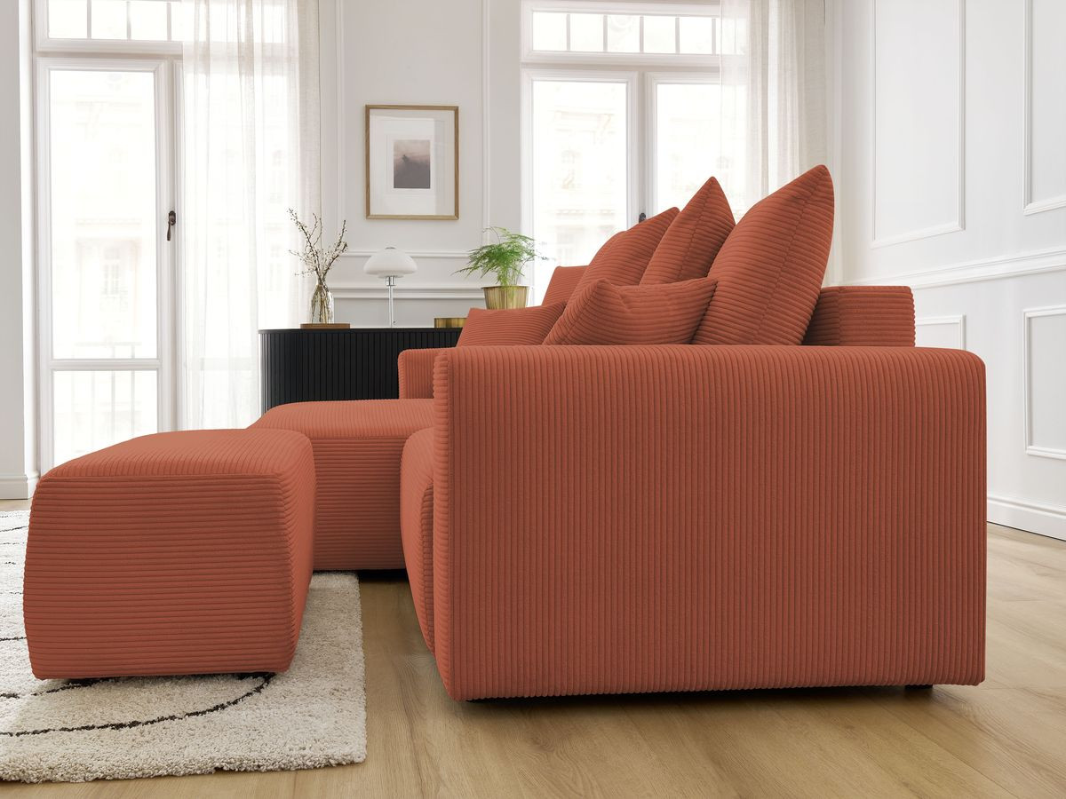 Bobochic Atilla Ecksofa mit Schlaffunktion und Bettkasten und Pouf Cordsamt Orange Ecke links