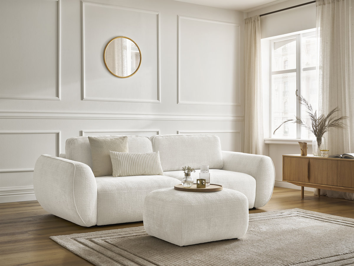 Bobochic Denise Schlafsofa 3-Sitzer mit Bettkasten und Pouf Strukturstoff Weiß