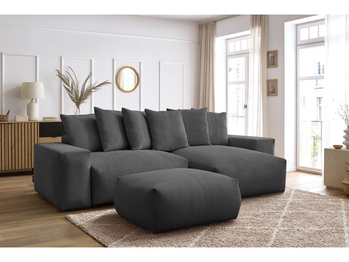 Bobochic Voltaire Ecksofa mit Schlaffunktion und Bettkasten und Pouf Cordsamt Dunkelgrau