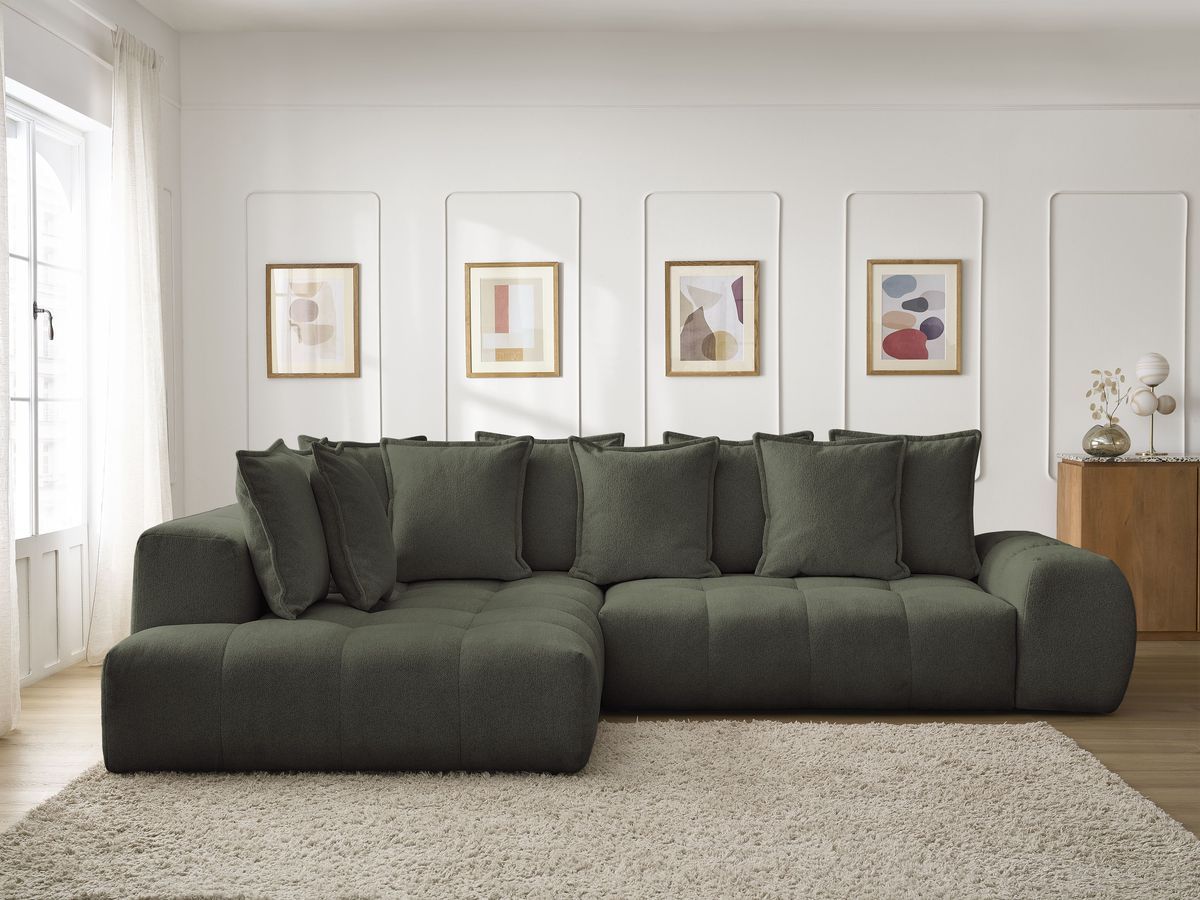 Bobochic Everest Ecksofa mit Schlaffunktion und Bettkasten 320 × 212 cm, 10 Kissen Melange-Stoff Grün Ecke links
