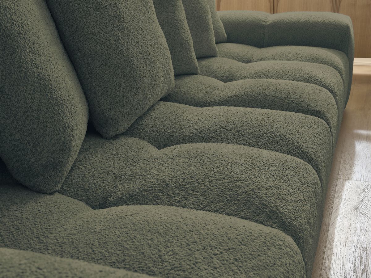 Bobochic Anakin Schlafsofa 3-Sitzer mit Bettkasten und Pouf, 6 Kissen Bouclé-Stoff Grün