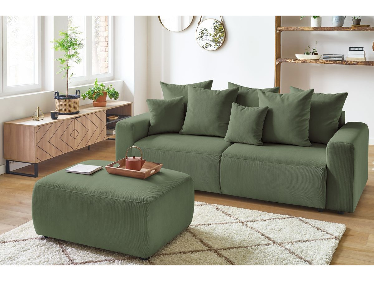 Bobochic Envy Schlafsofa 3-Sitzer mit Bettkasten und Pouf Cordsamt Grün