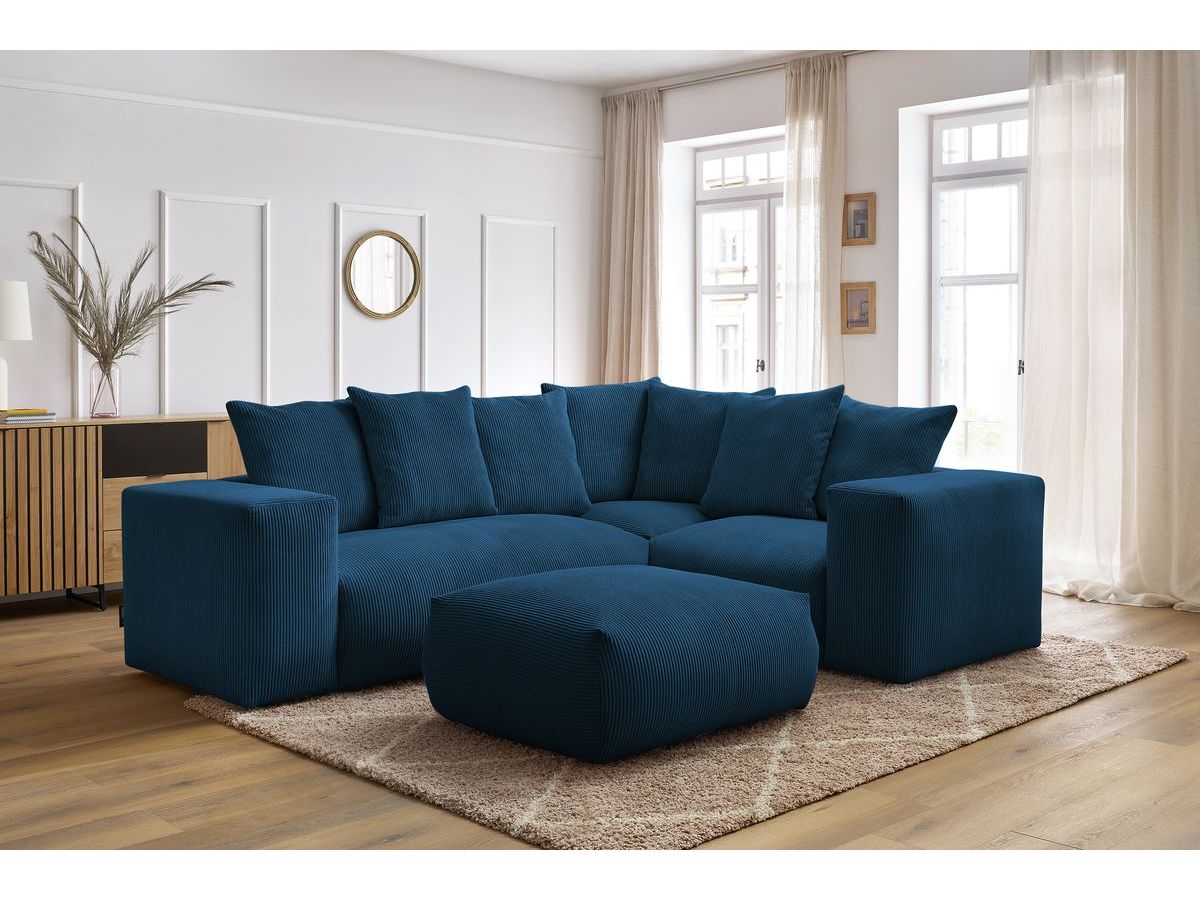 Bobochic Voltaire Ecksofa mit Pouf 268 × 214 cm Cordsamt Dunkelblau Ecke rechts