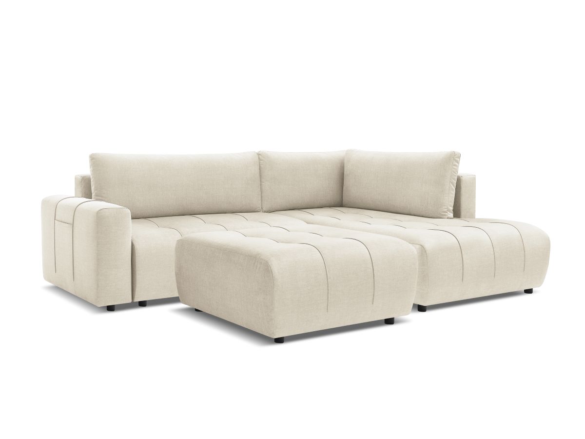 Bobochic Arsene Ecksofa mit Schlaffunktion und Bettkasten und Pouf 277 × 200 cm Samt Beige Ecke rechts