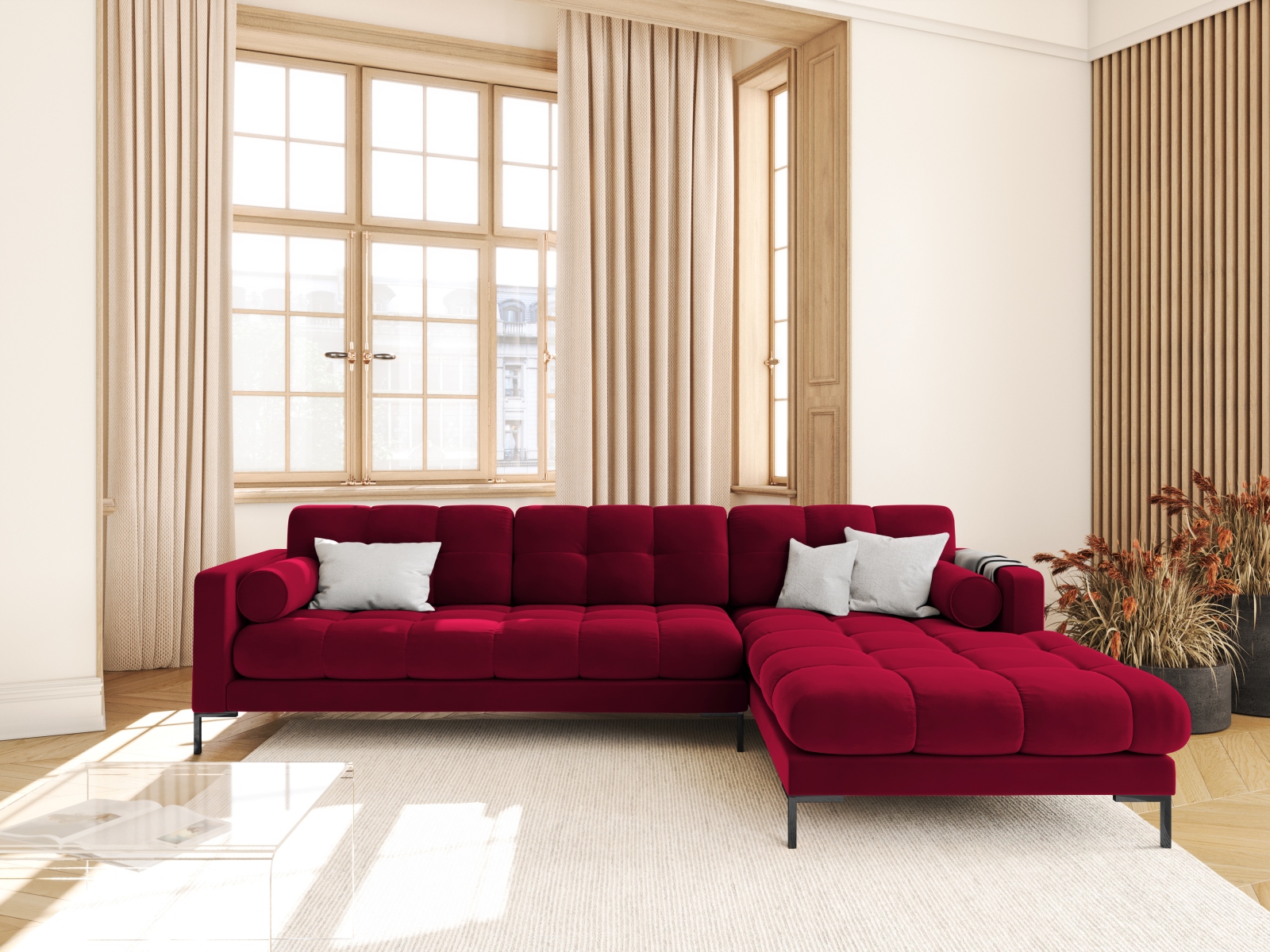 Cosmopolitan Design Ecksofa Bali 5-Sitzer Samt Bluvel Rot Rechts Beine Schwarzes Metall