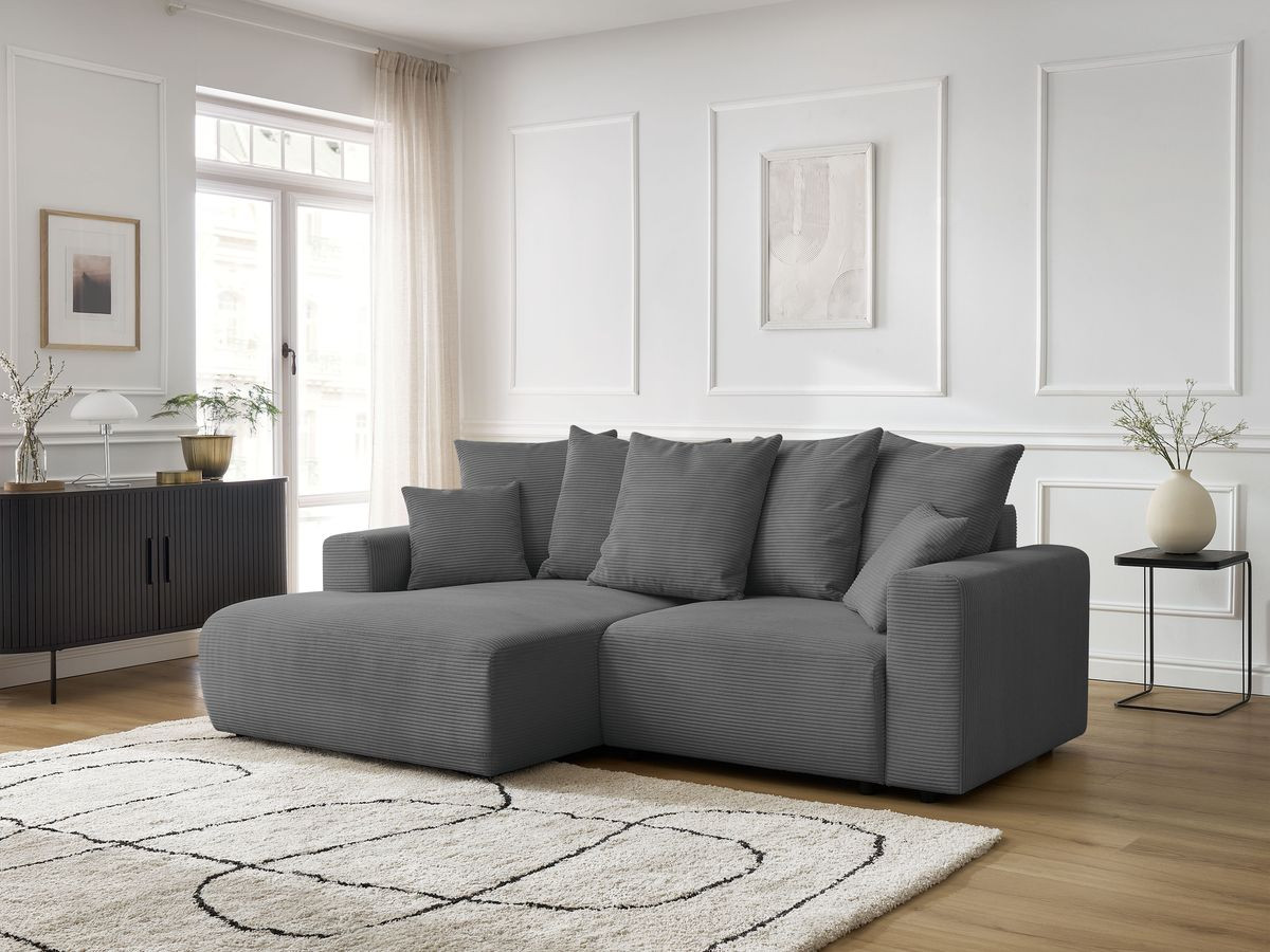 Bobochic Atilla Ecksofa mit Schlaffunktion und Bettkasten Cordsamt Dunkelgrau Ecke links