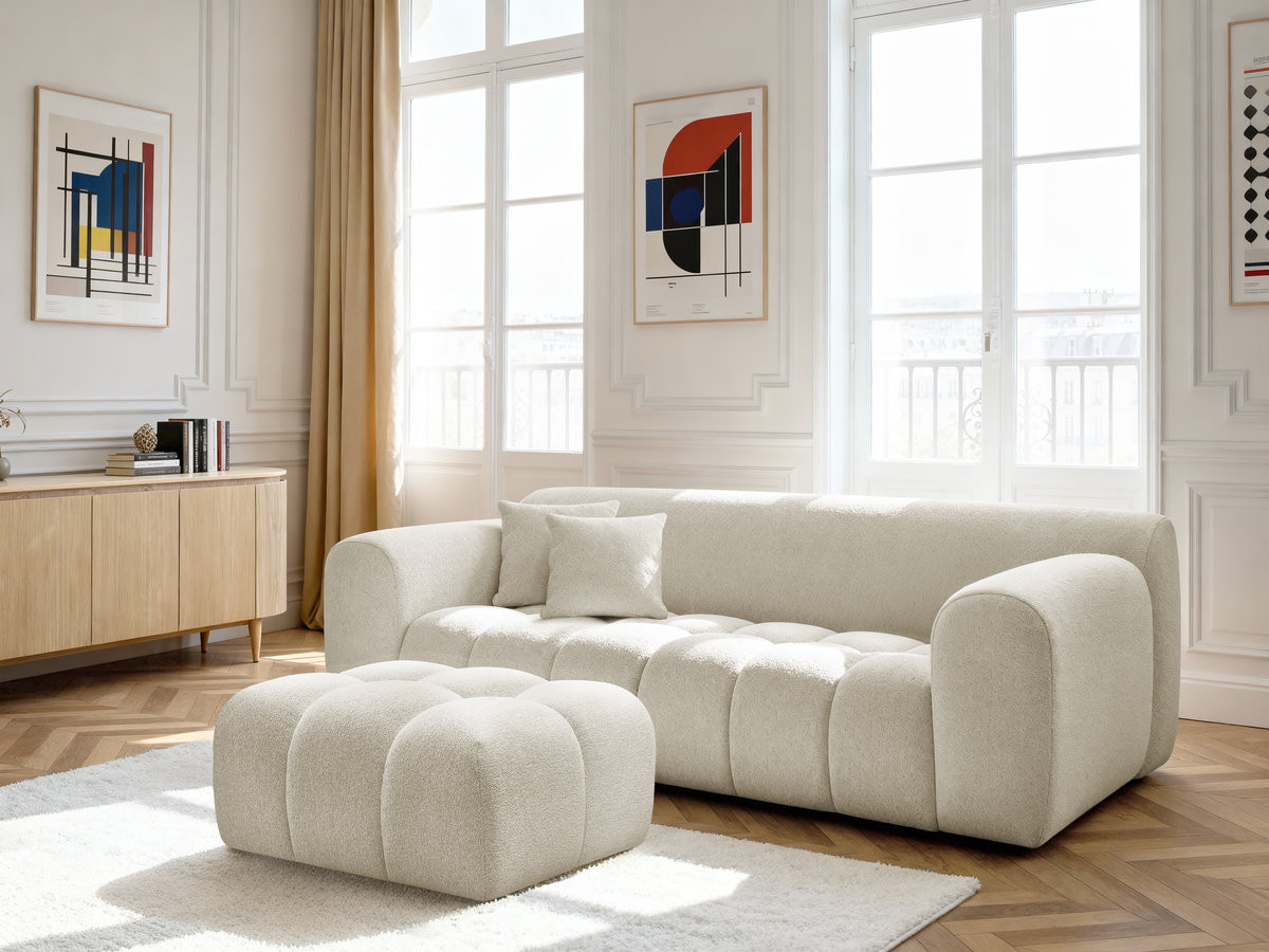 Bobochic Melisse Sofa 3-Sitzer mit Pouf Melange-Stoff Weiß