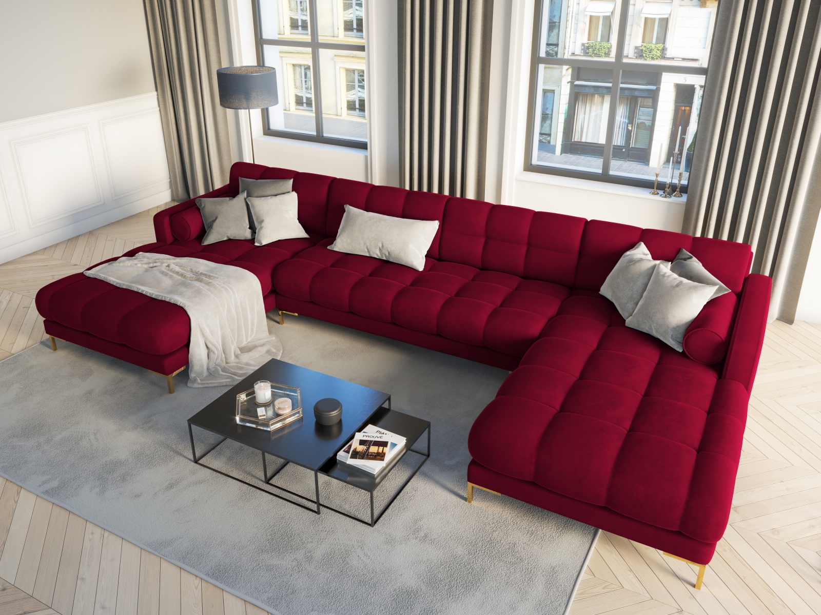 Cosmopolitan Design Panoramasofa Bali 7-Sitzer 383 cm Samt Bluvel Rot Beine Gold