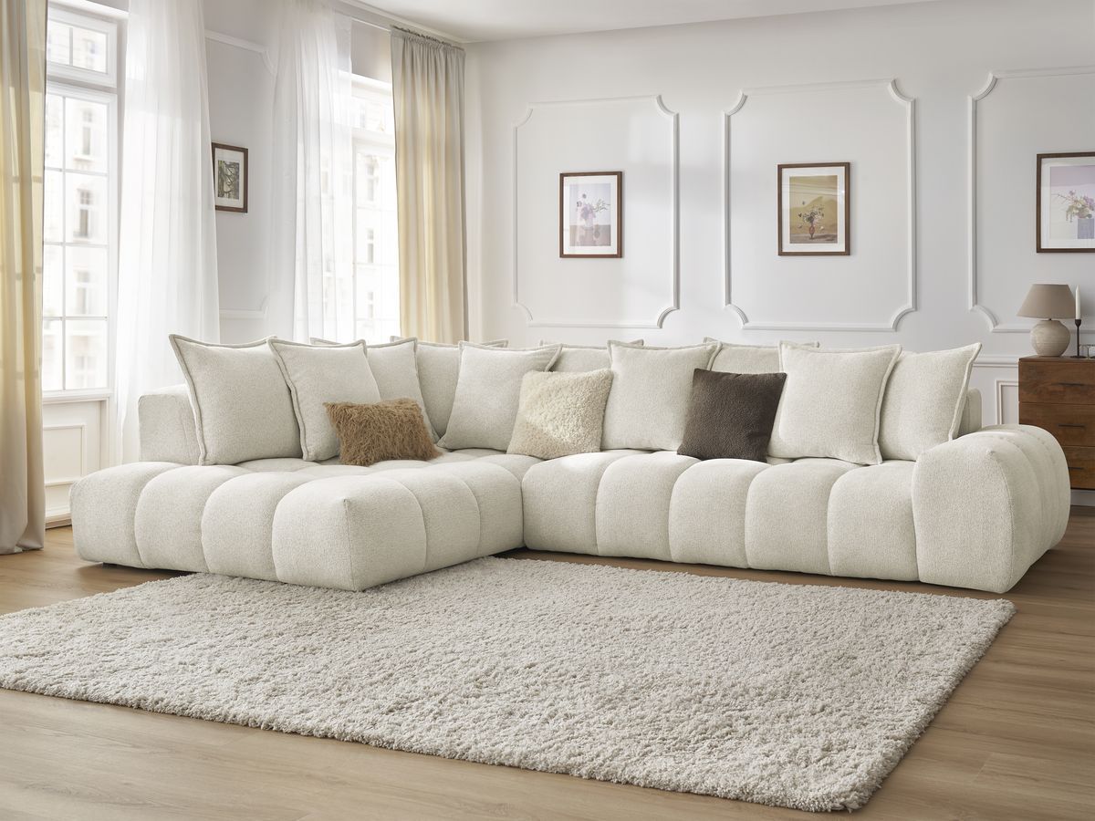 Bobochic Everest Ecksofa, 10 Kissen Melange-Stoff Weiß Ecke links