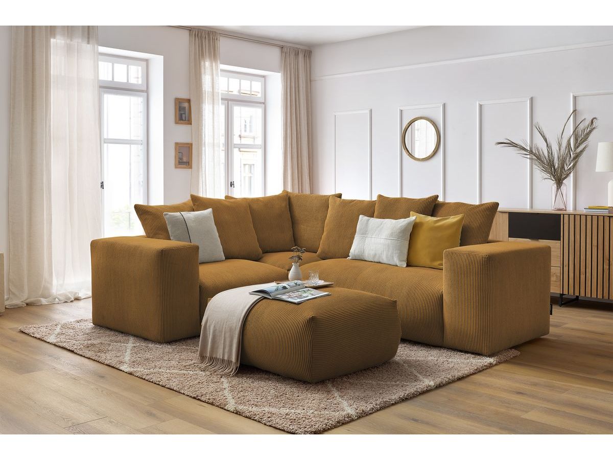 Bobochic Voltaire Ecksofa mit Pouf 268 × 214 cm Cordsamt Gelb Ecke links