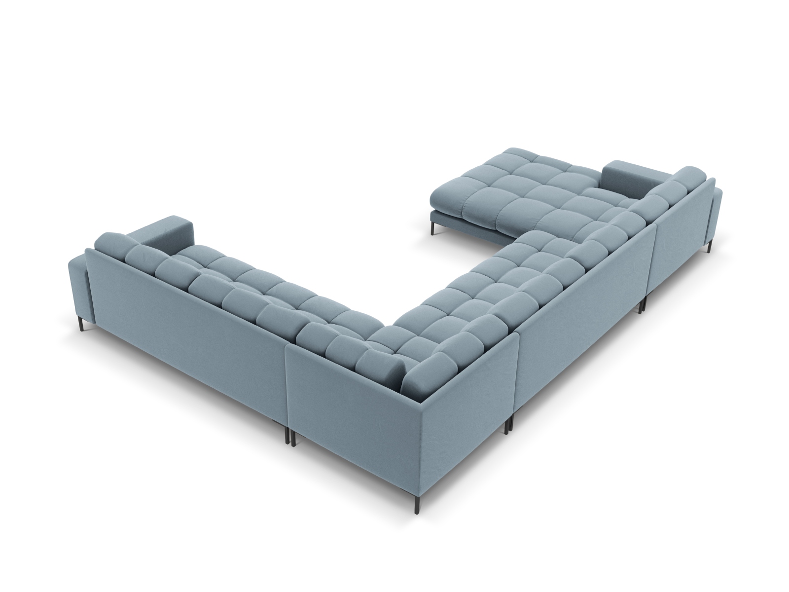 Cosmopolitan Design Panoramasofa Bali 7-Sitzer 327 cm Samt Bluvel Hellblau Rechts Beine Schwarzes Metall