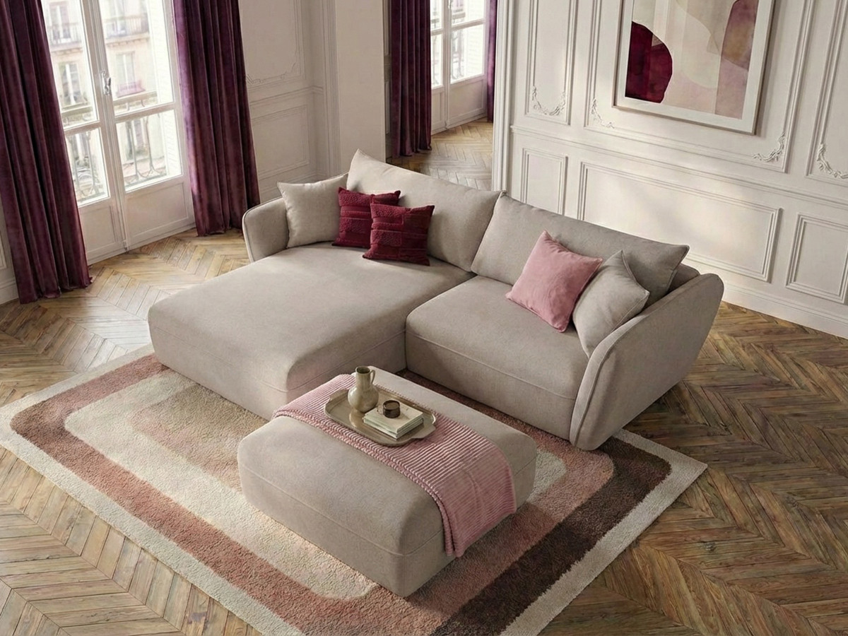 Bobochic Luigi Ecksofa mit Pouf Strukturstoff Beige Ecke links