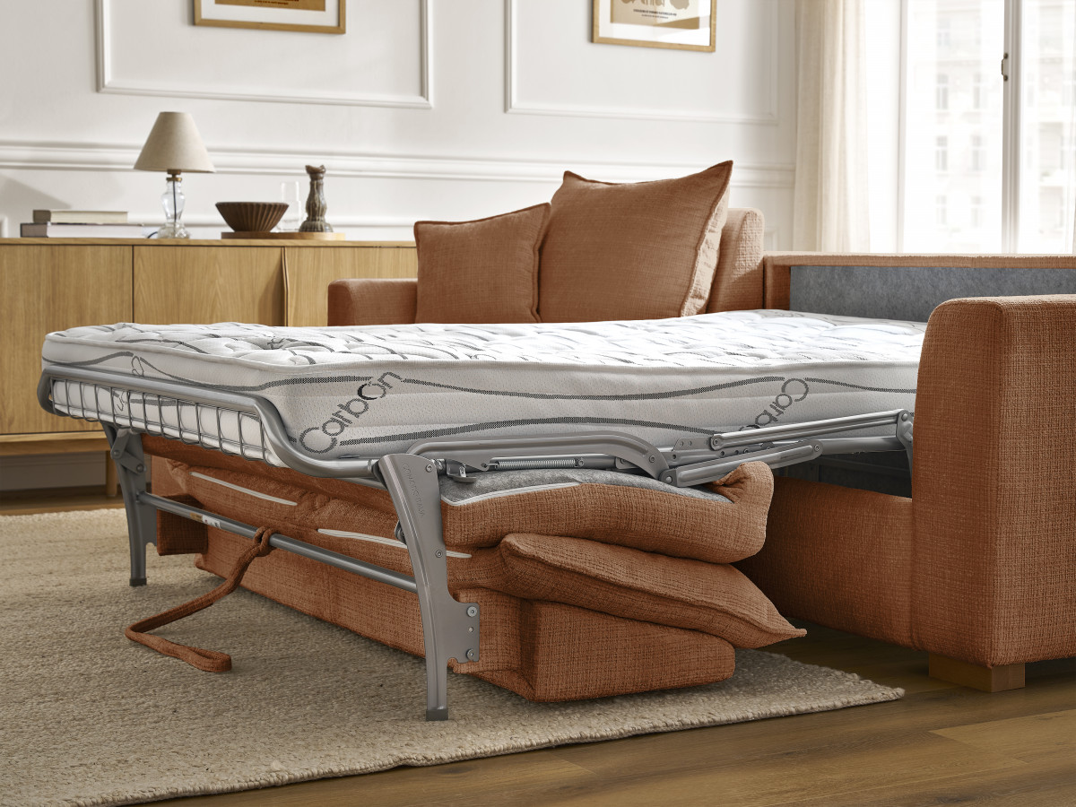 Bobochic Augustin Ecksofa mit Schlaffunktion und Bettkasten Strukturstoff Orange, Liegefläche 160 × 200 cm