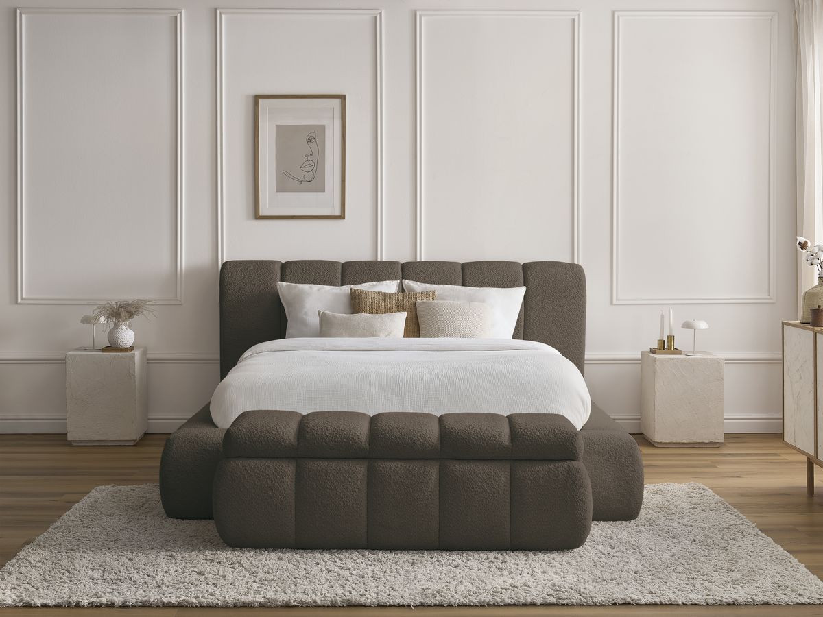 Bobochic Denali Polsterbett mit Bettkasten mit Bettbank Bouclé-Stoff Braun, Liegefläche 140 × 190 cm