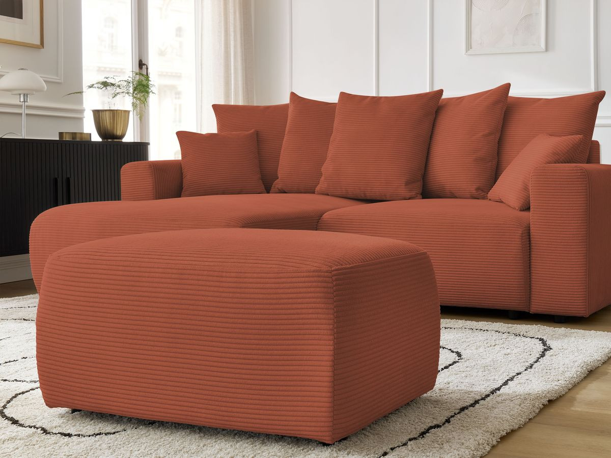 Bobochic Atilla Ecksofa mit Schlaffunktion und Bettkasten und Pouf Cordsamt Orange Ecke links