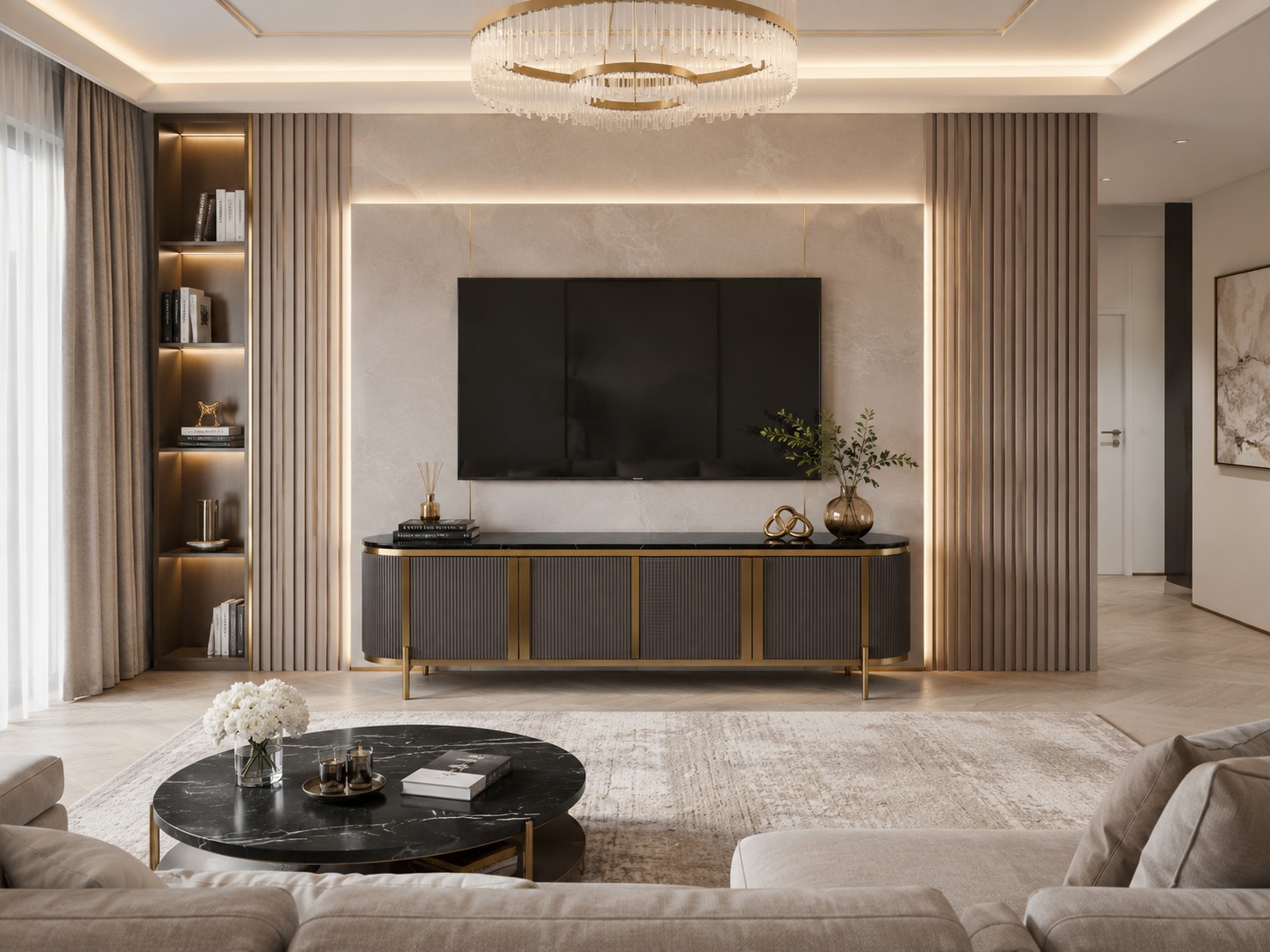 Livin Hill TV-Kommode Stilig 200 × 40 × 60 cm Schwarz, Platte Marmoroptik