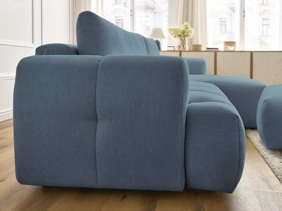 Bobochic Fuji Ecksofa mit Schlaffunktion und Bettkasten und Pouf 292 × 160 cm Stoff Hellblau Ecke rechts