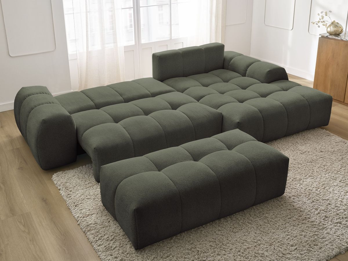 Bobochic Everest Ecksofa mit Schlaffunktion und Bettkasten und Pouf 318 × 180 cm, 7 Kissen Melange-Stoff Grün Ecke rechts