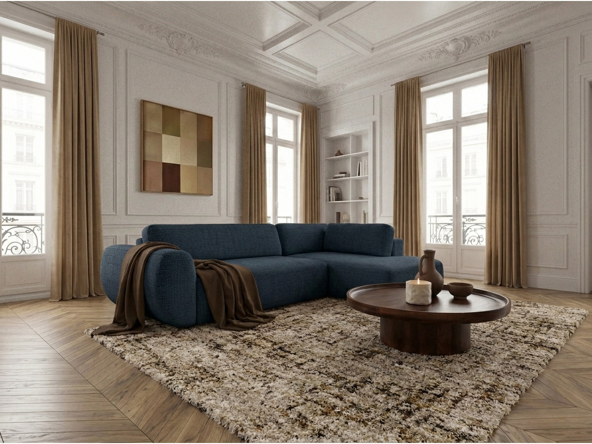 Bobochic Denise Ecksofa mit Schlaffunktion und Bettkasten 256 × 197 cm Strukturstoff Dunkelblau Ecke rechts