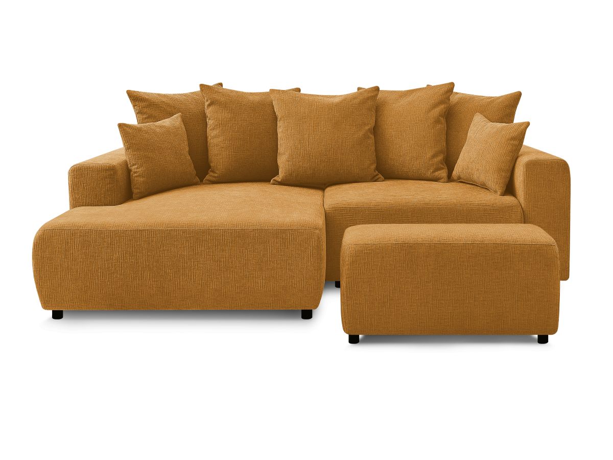 Bobochic Atilla Ecksofa mit Schlaffunktion und Bettkasten und Pouf Strukturstoff Gelb Ecke links