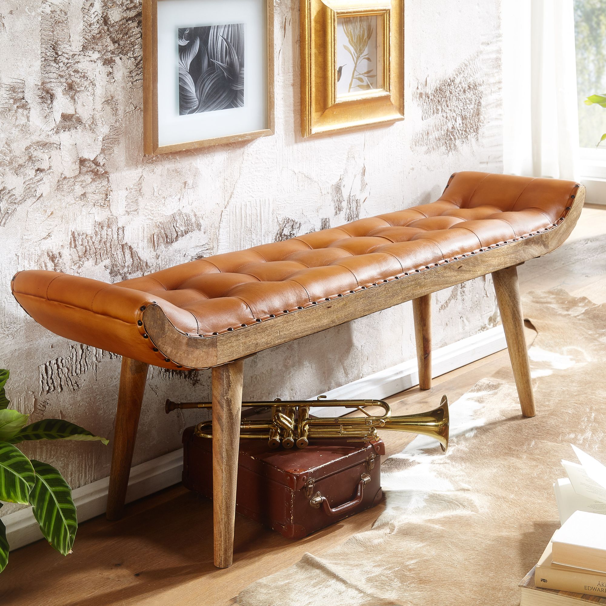 Sitzbank Hnausar Echtleder Braun 125 × 38 × 50 cm