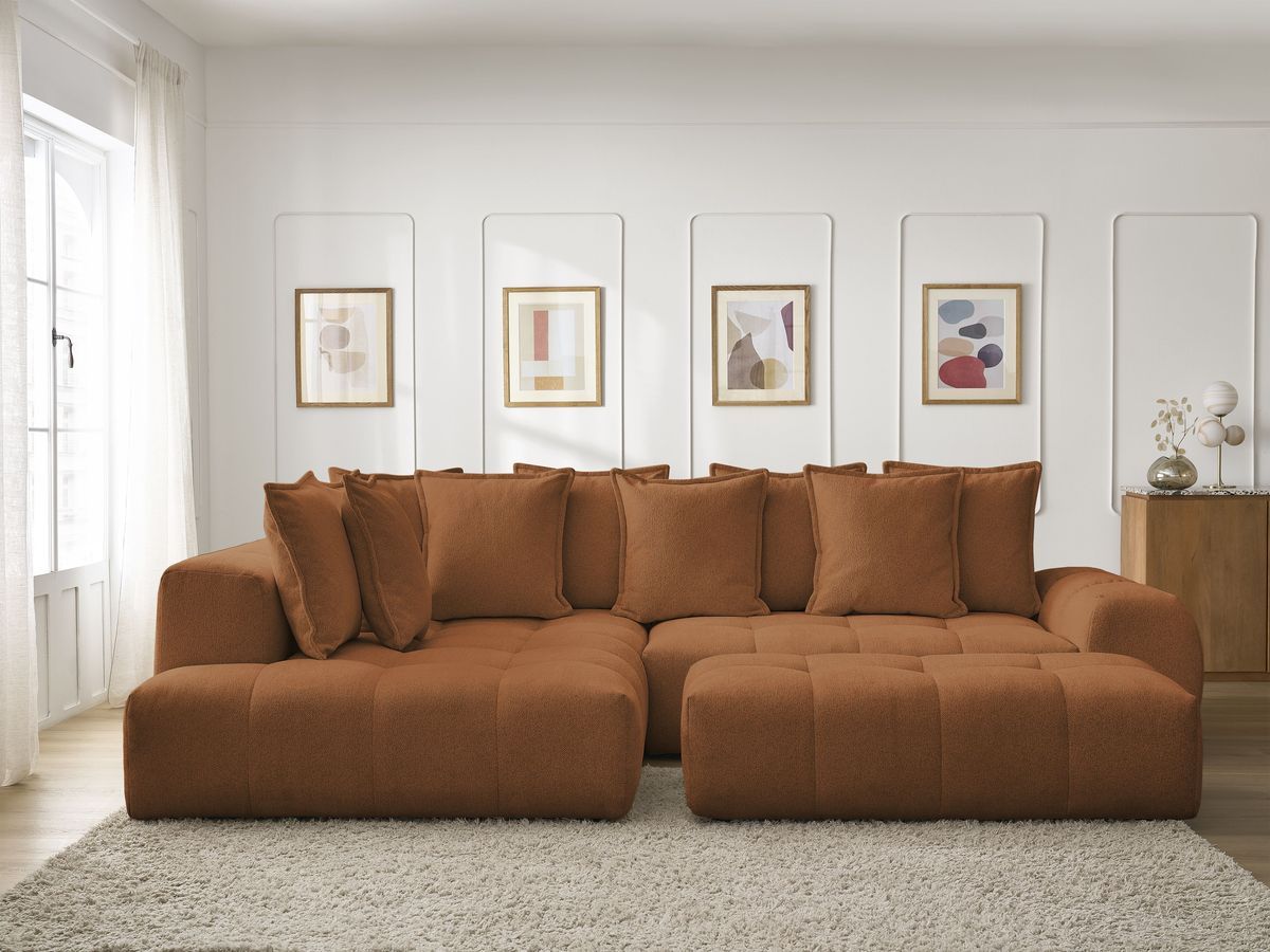 Bobochic Everest Ecksofa mit Schlaffunktion und Bettkasten und Pouf 320 × 212 cm, 10 Kissen Melange-Stoff Orange Ecke links