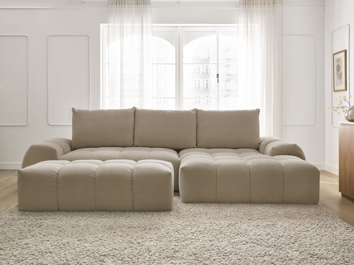 Bobochic Everest Ecksofa mit Schlaffunktion und Bettkasten und Pouf 318 × 180 cm, 3 Kissen Strukturstoff Taupe Ecke rechts