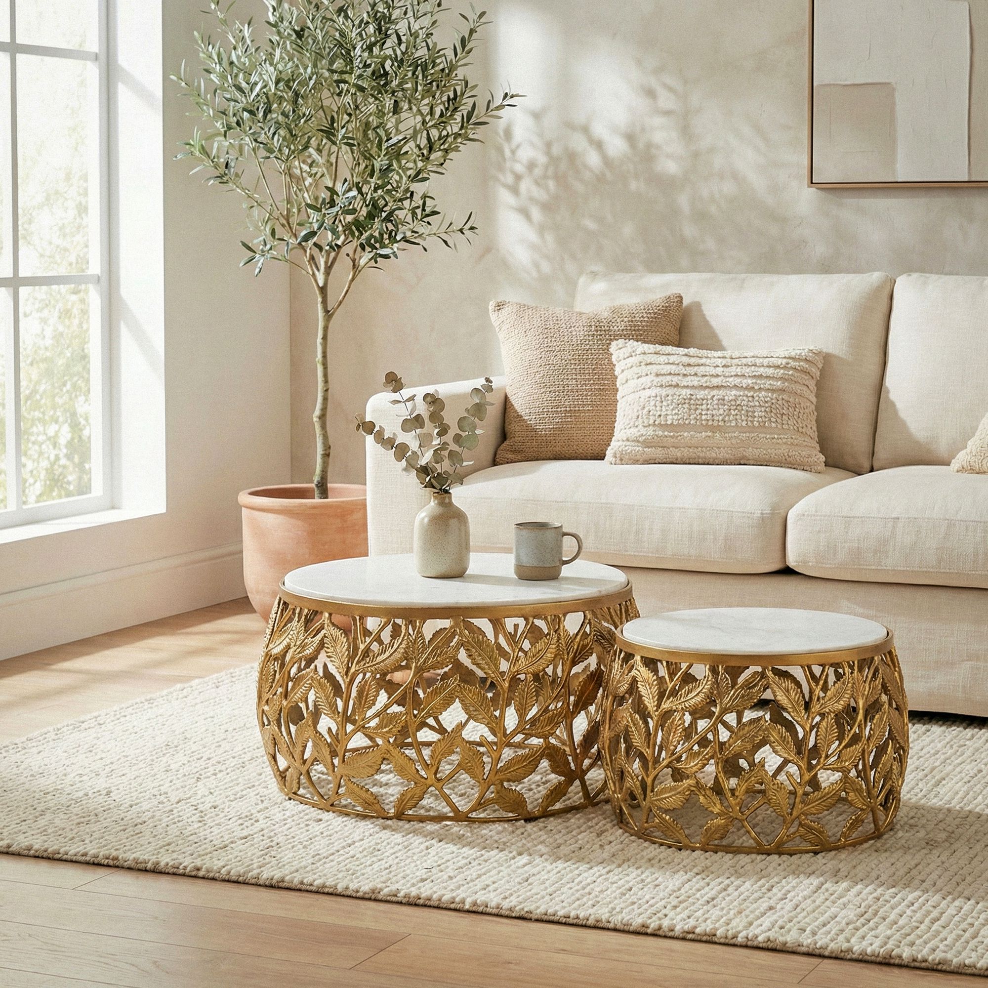 Satztisch 2er-Set Nedenes Marmor Gold Ø 60 cm