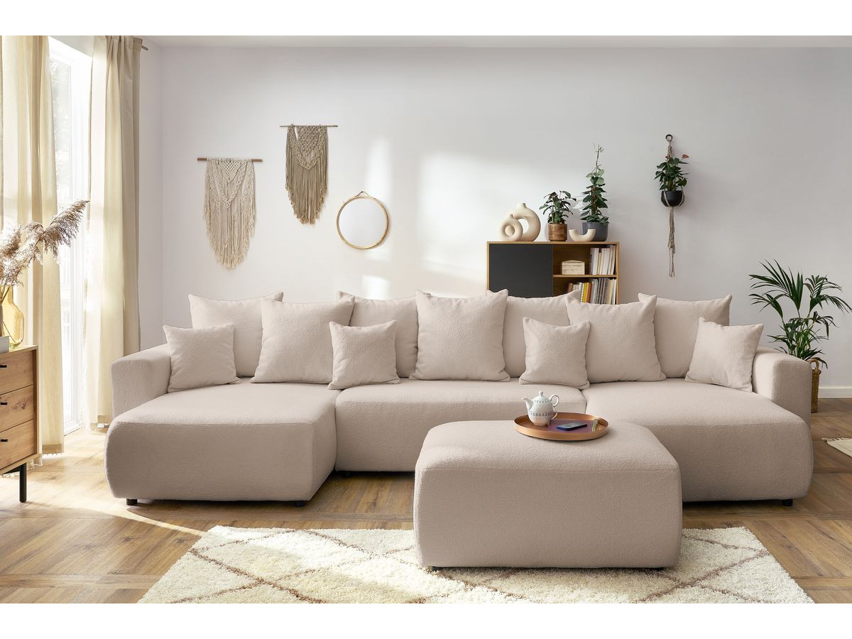 Bobochic Envy Wohnlandschaft mit rechteckigem Pouf Bouclé-Stoff Beige
