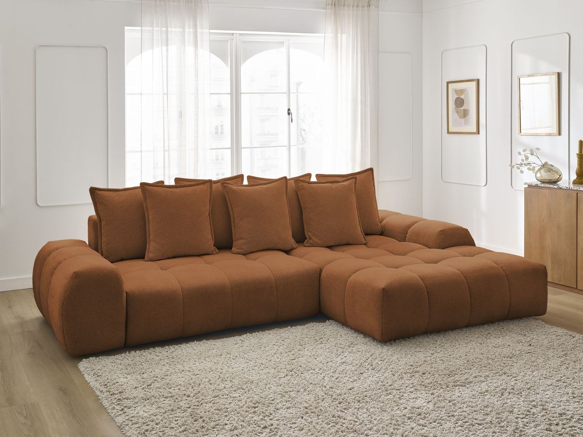 Bobochic Everest Ecksofa mit Schlaffunktion und Bettkasten 318 × 180 cm, 7 Kissen Melange-Stoff Orange Ecke rechts