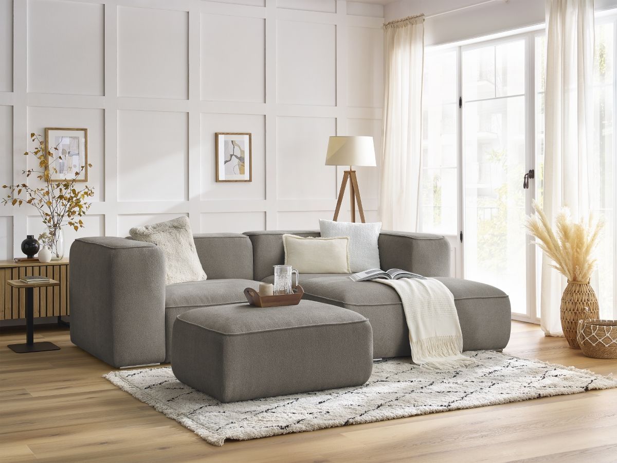 Bobochic Zephyr Ecksofa mit Pouf 260 × 165 cm Strukturstoff Taupe Ecke rechts