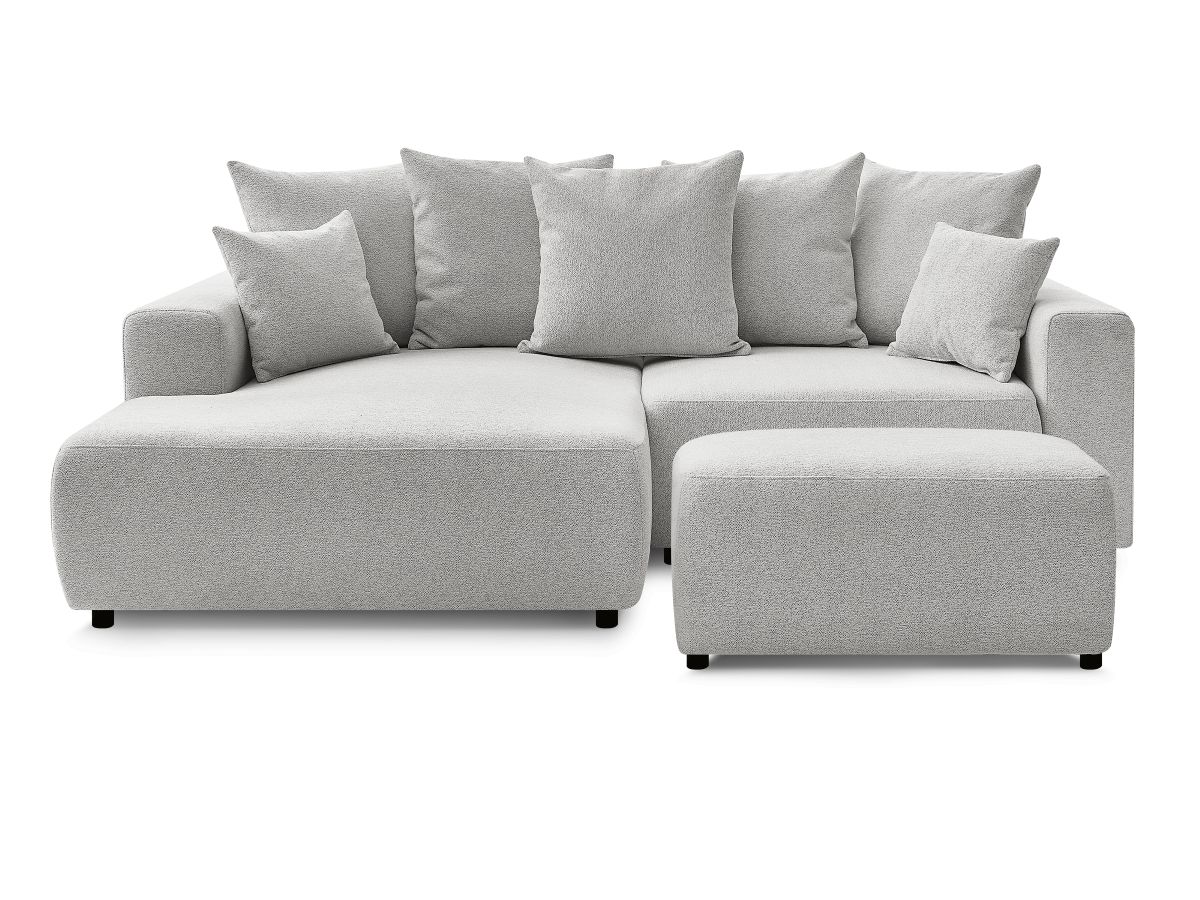 Bobochic Atilla Ecksofa mit Schlaffunktion und Bettkasten und Pouf Melange-Stoff Hellgrau Ecke links