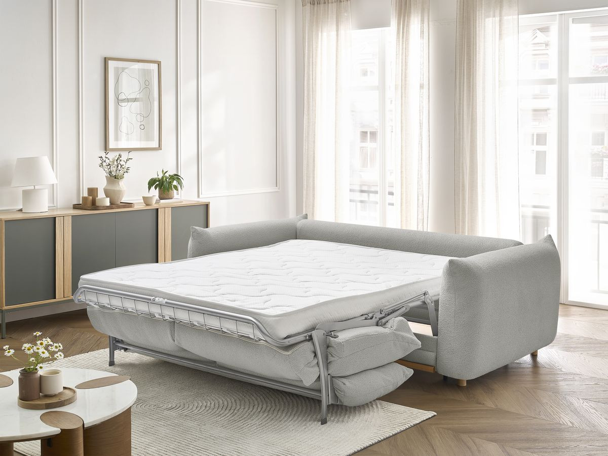 Bobochic Ernest Schlafsofa 3-Sitzer, Liegefläche 190 × 140 / 160 cm Bouclé-Stoff Hellgrau, Liegefläche 140 × 190 cm