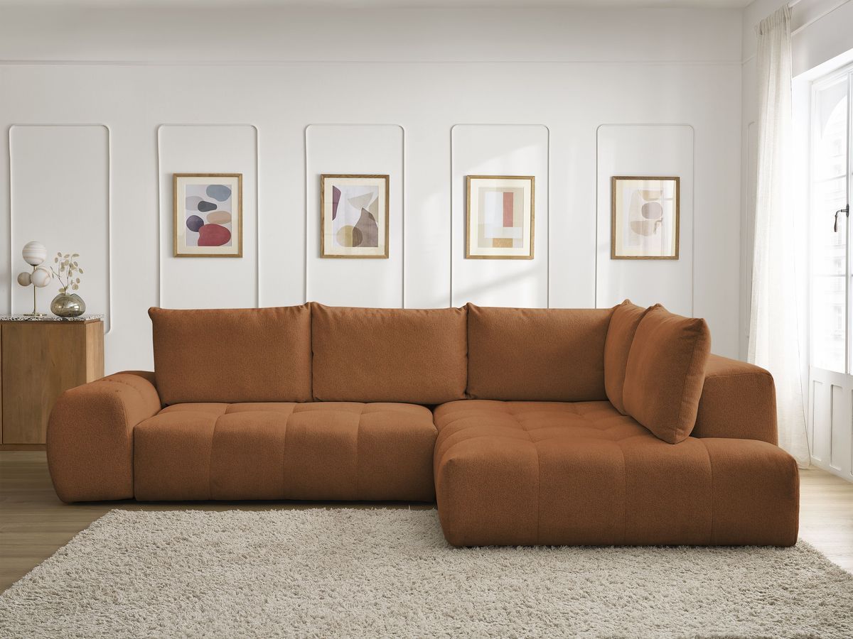 Bobochic Everest Ecksofa mit Schlaffunktion und Bettkasten 320 × 212 cm, 5 Kissen Melange-Stoff Orange Ecke rechts