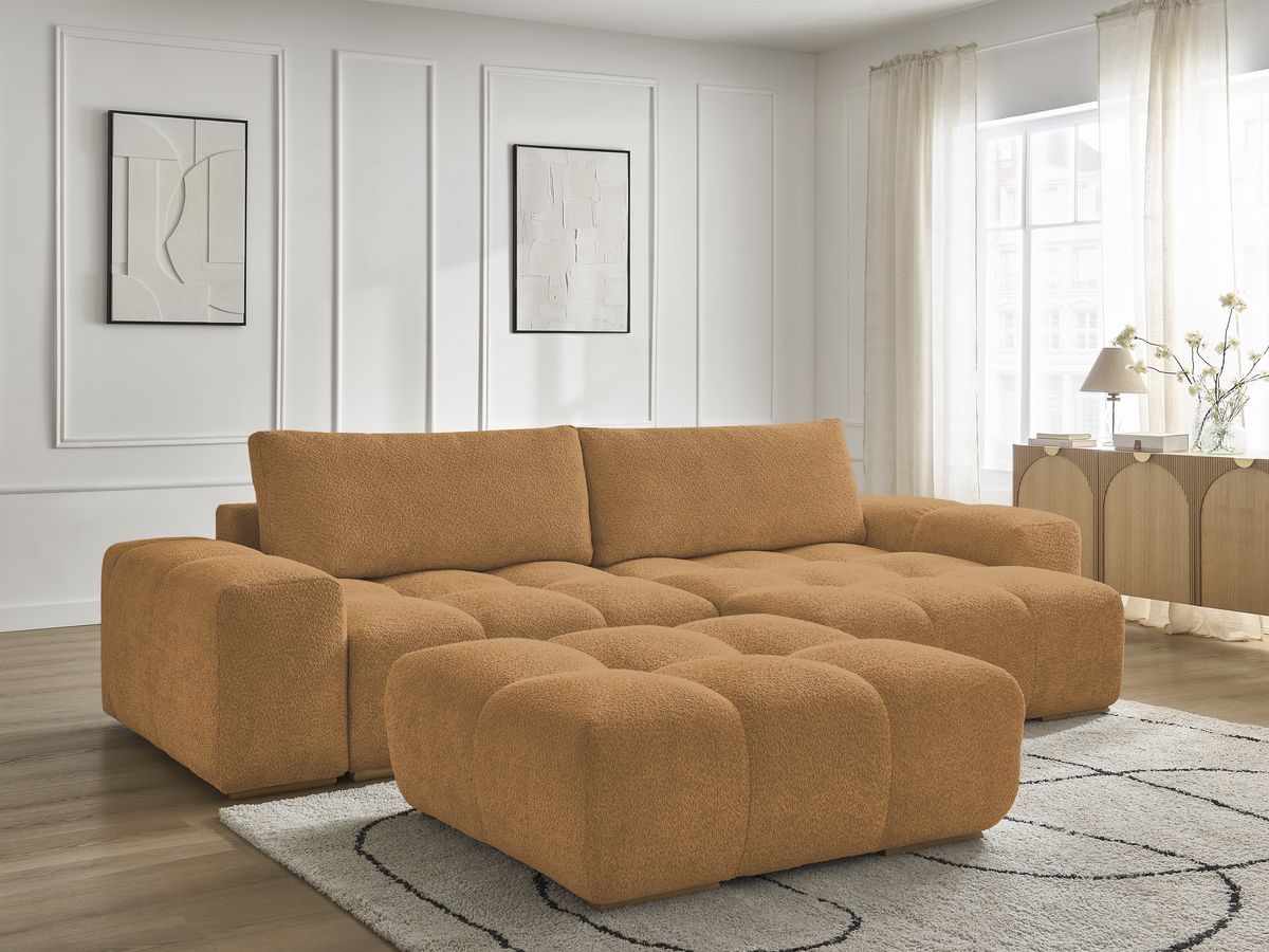 Bobochic Anakin Ecksofa mit Pouf, 2 Kissen Bouclé-Stoff Gelb