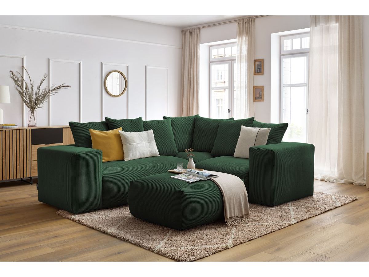 Bobochic Voltaire Ecksofa mit Pouf 268 × 214 cm Cordsamt Grün Ecke rechts