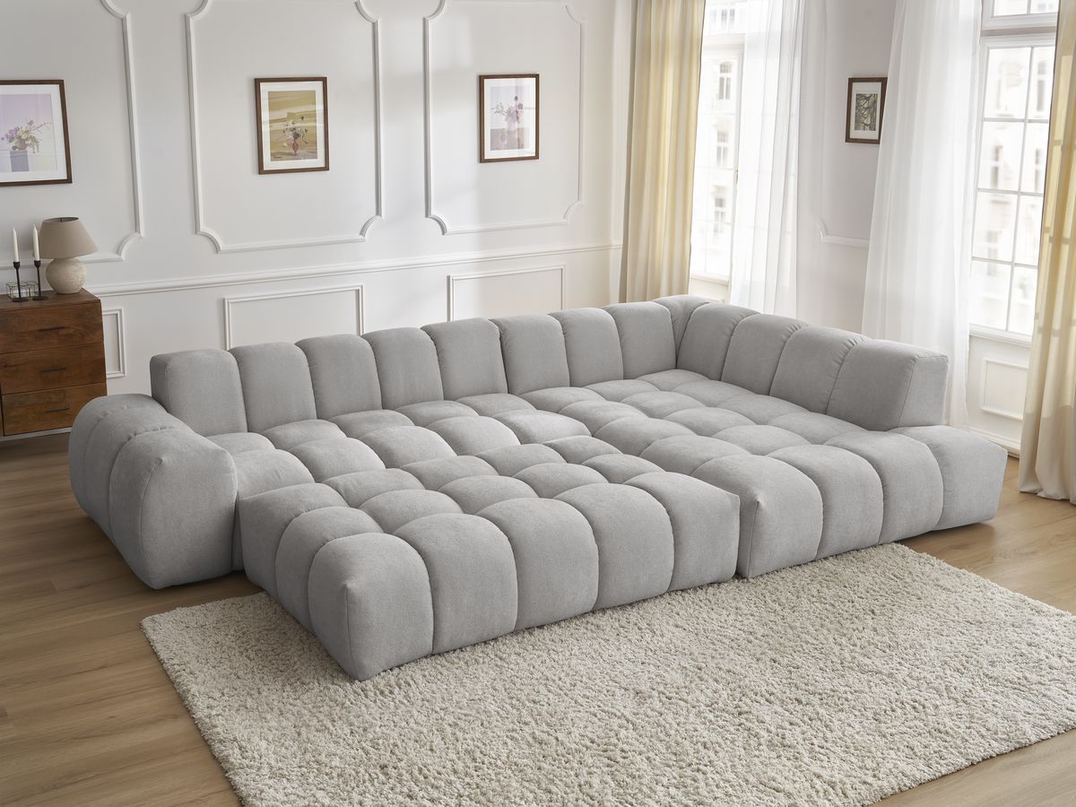 Bobochic Everest Ecksofa mit Schlaffunktion und Pouf, 4 Kissen Strukturstoff Hellgrau Ecke rechts