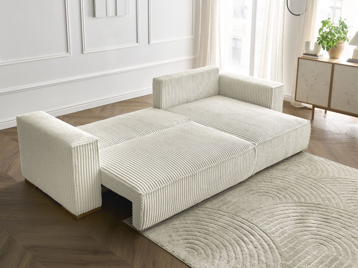 Bobochic Chelsea Ecksofa mit Schlaffunktion und Bettkasten Breitcord weich Beige