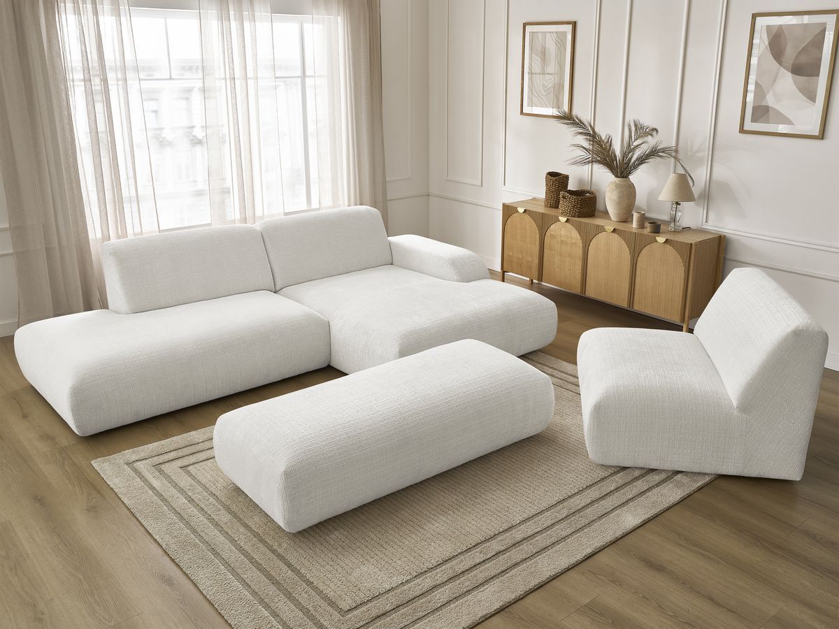 Bobochic Sirius Ecksofa mit Pouf 405 × 170 cm Strukturstoff Weiß Ecke rechts