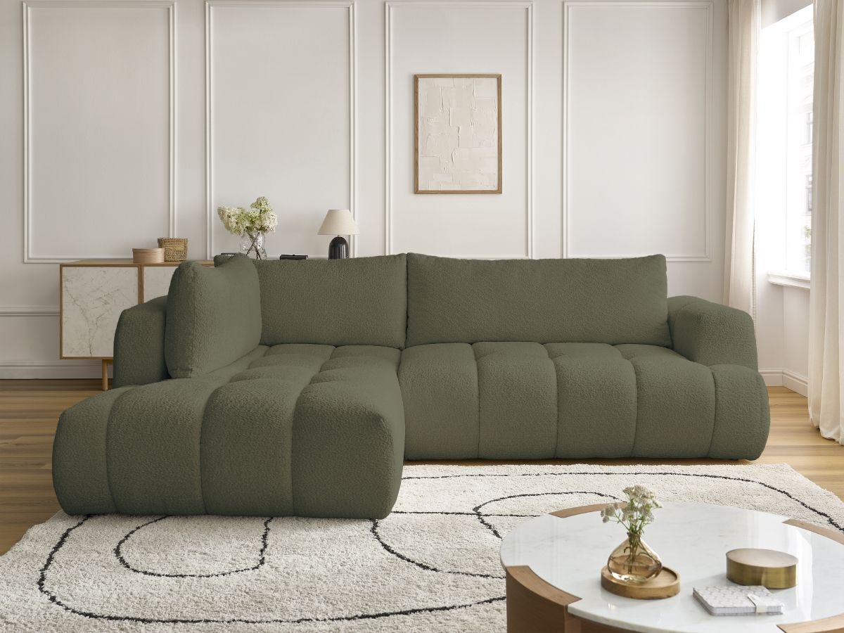 Bobochic Fuji Ecksofa mit Schlaffunktion und Bettkasten 282 × 204 cm Bouclé-Stoff Grün Ecke links