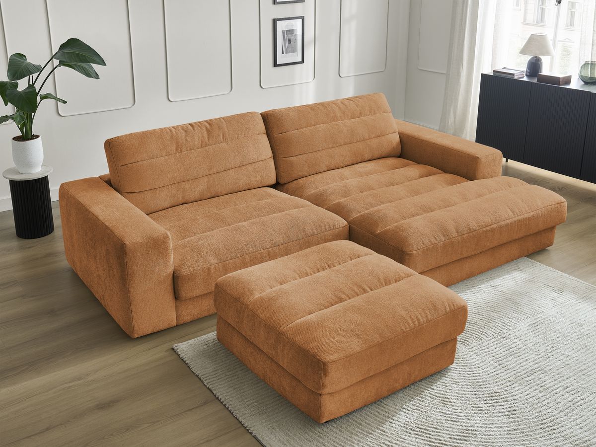 Bobochic Sierra Ecksofa mit Pouf Strukturstoff Orange Ecke rechts