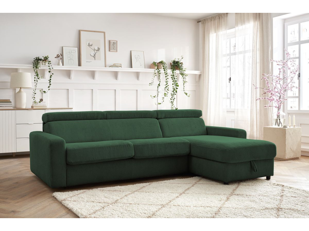 Bobochic Monaco Ecksofa mit Schlaffunktion und Bettkasten Cordsamt Grün, Liegefläche 160 × 190 cm