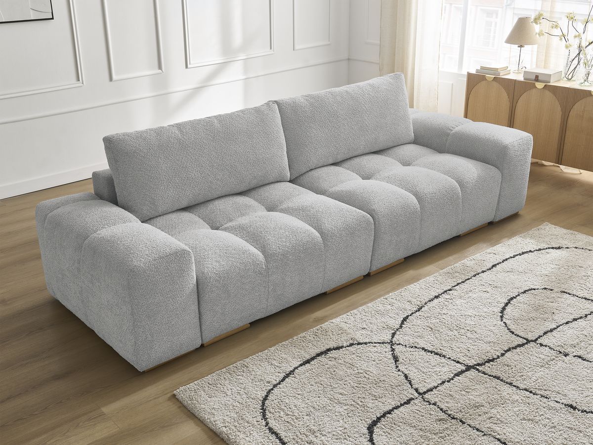 Bobochic Anakin Sofa 3-Sitzer, 2 Kissen Bouclé-Stoff Hellgrau
