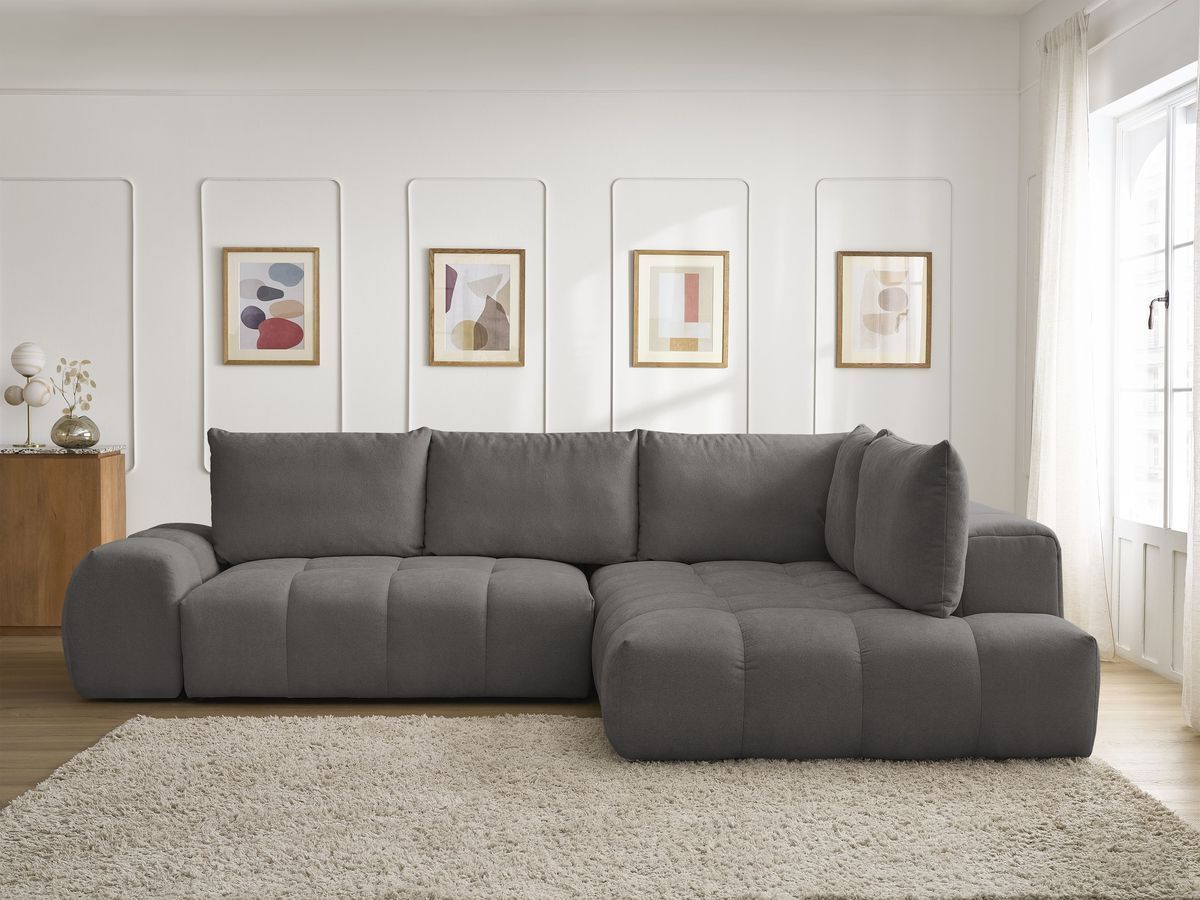 Bobochic Everest Ecksofa mit Schlaffunktion und Bettkasten 320 × 212 cm, 5 Kissen Strukturstoff Dunkelgrau Ecke rechts